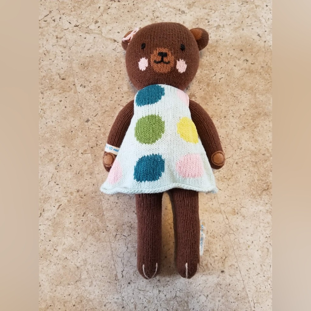 Cuddle + Kind Brown Knit Bear Plush with Multicolor Polka Dot Dress